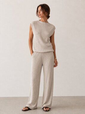 Zara Ribbed Knit SET Relaxed Top Wide Leg Pant Beige Neutral Size Small